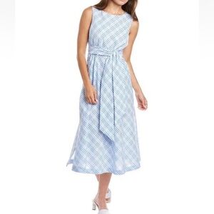 Anne Klein Blue and White Seersucker Plaid Sleeveless Midi Dress w Waist Tie
